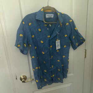 NWT Men's Umberto Carro Italian Blue Linen Shirt Lemons Short Sleeve L